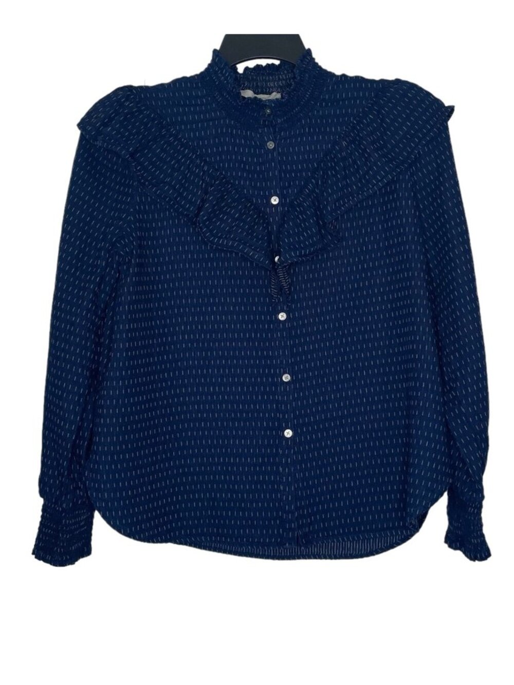 LOFT Womens Mock Neck Blouse Size Small Ruffle Long Sleeve Elastic Cuffs Blue